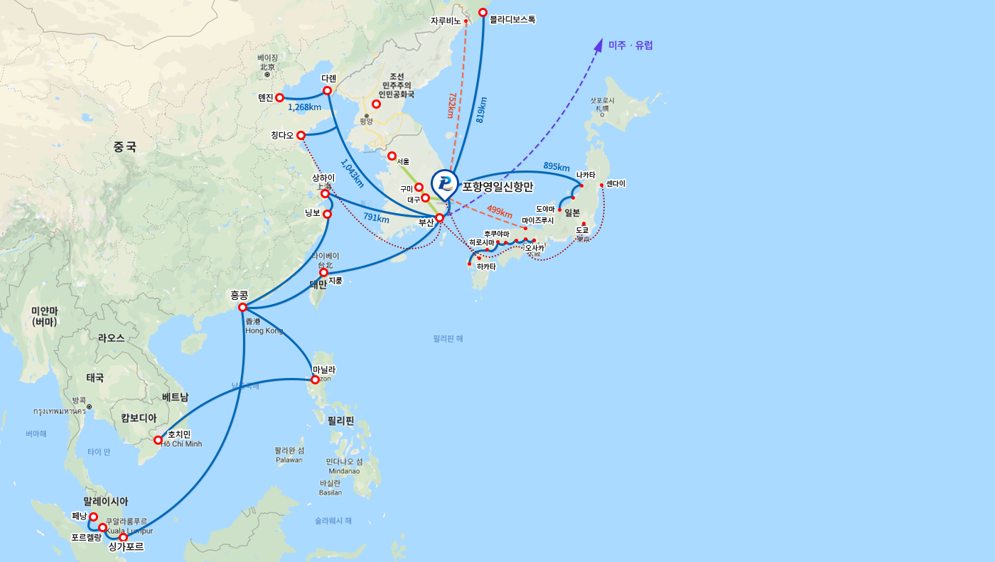 영일만항 정기항로 경로를 표시한 지도 이미지