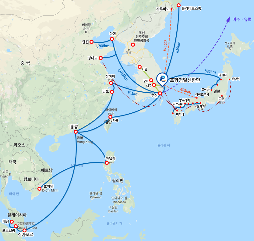 영일만항 정기항로 경로를 표시한 지도 이미지